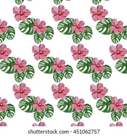 Tropical pink flowers pattern Vector. Exotic Summer floral background