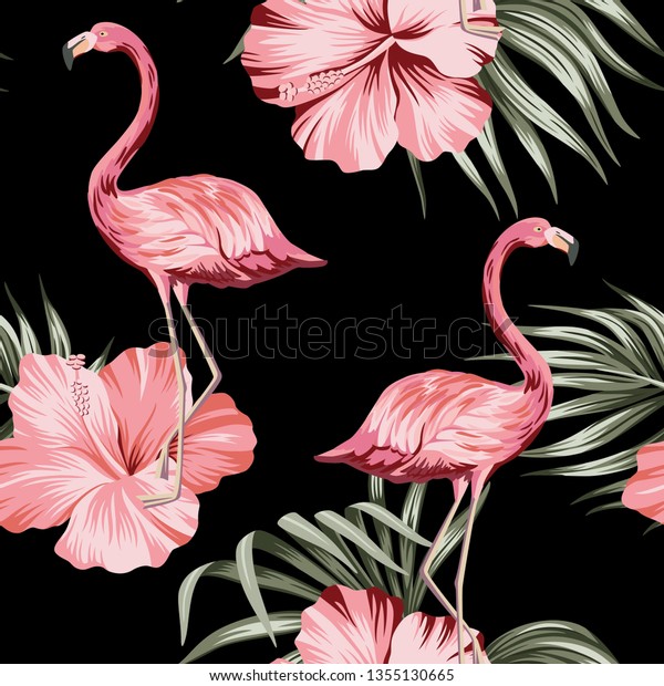 El Hibisco Rosado Tropical Y Las Hojas De Palmera Flamingo Verde Floral Son Un Fondo Negro Sin Fisuras Papel Tapiz De La Selva Exotica