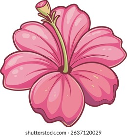 Tropical pink hibiscus flower, cute 3d style cartoon illustration. isolated design element, clip art. Bright summer sticker on white background
