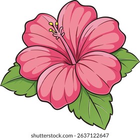 Tropical pink hibiscus flower, cute 3d style cartoon illustration. isolated design element, clip art. Bright summer sticker on a white background