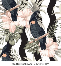 Tropical pink hibiscus flower, palm leaves, black parrot seamless pattern wave background. Exotic jungle wallpaper.	