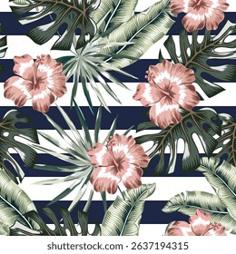 Tropical pink hibiscus flowers, green palm leaves, striped black and white background. Vector seamless pattern. Jungle foliage illustration. Exotic plants. Summer beach floral design. Paradise nature