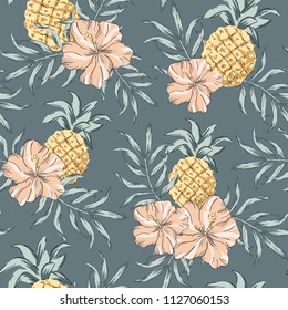 Tropical pink hibiscus flowers, pineapples, palm leaves, dark gray background. Vector seamless pattern. Jungle illustration. Exotic plants and fruits. Summer beach floral design. Paradise nature