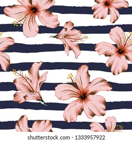 Tropical pink hibiscus flowers, striped background. Vector seamless pattern. Floral illustration. Exotic plants. Summer beach design. Paradise nature