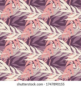 Tropical pink leaf endless wallpaper. Jungle plants silhouette leaves seamless pattern. Design for fabric design, textile print, wrapping paper, cover. Fashion vector illustration