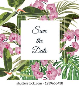 Tropical pink orchid flowers bouquet elegant card template. Floral poster, invite. Arrangements for greeting card or invitation design.