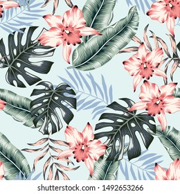 Tropical Pink Orchid Flowers, Monstera, Banana Palm Leaves, Light Blue Background. Vector Seamless Pattern. Jungle Foliage Illustration. Exotic Plants. Summer Beach Floral Design. Paradise Nature