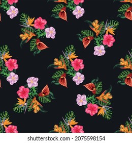 Tropical pink orchid flowers, monstera, banana palm leaves seamless pattern. Jungle foliage illustration. Exotic plants. Summer beach floral design. Paradise nature