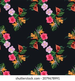Tropical pink orchid flowers, monstera, banana palm leaves seamless pattern. Jungle foliage illustration. Exotic plants. Summer beach floral design. Paradise nature