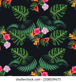Tropical pink orchid flowers, monstera, banana palm leaves seamless pattern. Jungle foliage illustration. Exotic plants. Summer beach floral design. Paradise nature