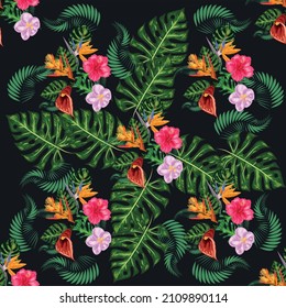 Tropical pink orchid flowers, monstera, banana palm leaves seamless pattern. Jungle foliage illustration. Exotic plants. Summer beach floral design. Paradise nature