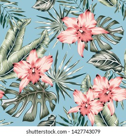 Tropical pink orchid flowers and palm leaves bouquets, blue background. Vector seamless pattern. Jungle foliage illustration. Exotic plants. Summer beach floral design. Paradise nature