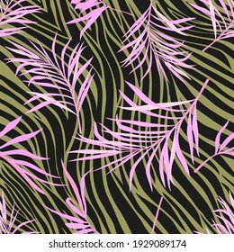 Tropical Pink palm leaves on Zebra seamless, Vector green coconut leaves in on animal skin background. illustration Endless Botanical foliage abstract style for fashion textile, clothing and bags