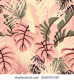 Tropical pink palm leaves, yellow banana leaves floral seamless pattern pink background. Exotic jungle wallpaper.	