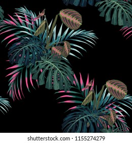 Tropical pink palms leaves and other exotic plants seamless pattern . Palm tree leaves decoration on black background. Colorful exotic rainforest wallpaper.
