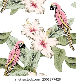 Tropical pink parrots, palm leaves, hibiscus flowers, white background. Vector seamless pattern. Floral illustration. Exotic plants, birds. Summer beach design. Paradise nature