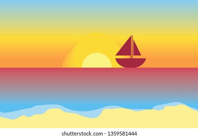 tropical pink sunset at ocean sea beach with silhouette boat yacht at the horizont
