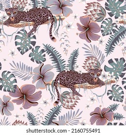 Tropical pink vector seamless pattern. Lilac tiger, palm trees, green leaves, monstera, exotic flowers summer texture