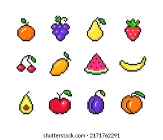 Tropical pixel fruits set. Simple ripe banana with red strawberries and blue plum. Yellow sweet mango with red apple and cherries for vector 8bit design