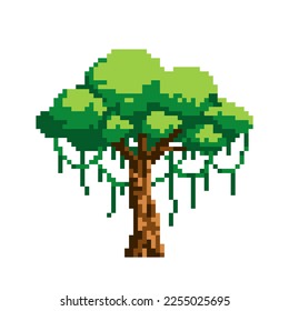 Tropical pixel tree with tropical vines. Pixel art. Gaming assets. 8-bit style. Vector isolated background