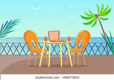 Tropical pizzeria table at balcony with sea view vector. Pizza and coffee, restaurant furniture and palms, chairs and gull over ocean, Italian food meal