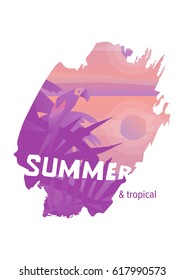 Tropical placard concept with double exposure of splendid outdoors. Hand drawn letters on brush stroke shape illustration.