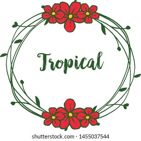 Tropical with place for your text, red floral frame and leaves round. Vector
