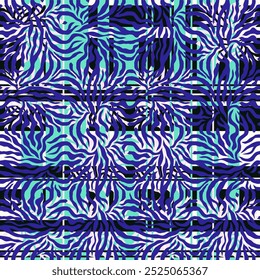 Tropical plaid vector pattern. Artistic combination of two classic menswear fabric motifs leaves and plaid. Colorful texture background in royal and aqua blue colors