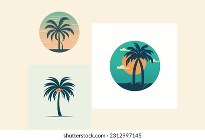 plano de icono de plam tropical, letras abstractas del mar de vitamina, árbol de plam y gradiente de puesta de sol abstracto