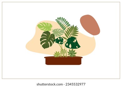 Tropical plant of artwork vector. Design modern minimalist  style monstera, compound,pastel colors on white background. Design print for illustration, textile, digital printing, decoration. Set 7