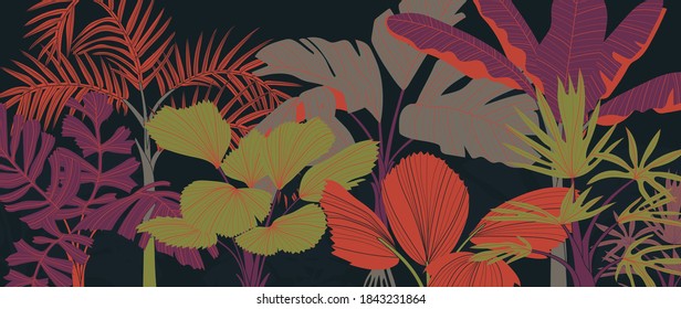 Tropical plant background vector. Floral pattern with golden tropical palm, coconut tree, split-leaf Philodendron plant ,Jungle plants line art on white background.