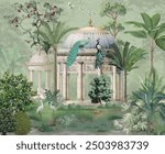 Tropical Plant Dome Mural Design, Tropical Wallpaper with Peacock and watercolor background.