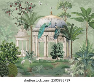 Tropical Plant Dome Mural Design, Tropical Wallpaper with Peacock and watercolor background.