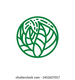 Tropical plant green leaves logo. Round bio emblem in a circle linear style. Vector abstract badge for design of natural products, flower shop, eco cosmetics, ecology concepts, health, spa, yoga