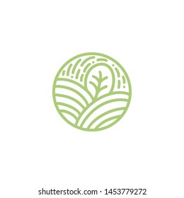 Tropical plant green leaves logo. Round bio emblem in a circle linear style. Vector abstract badge for design of natural products, flower shop, eco cosmetics, ecology concepts, health, spa