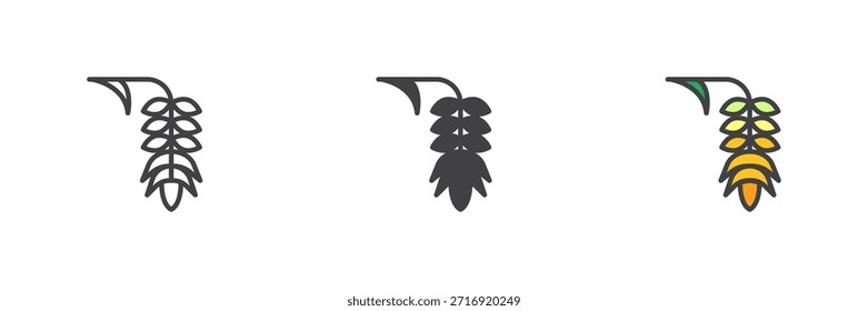 Planta tropical con el icono de hojas colgantes en línea, sólido y lleno de estilo colorido de contorno. Icono de la planta de la selva dos veces como signo de Vector, símbolo, paquete de color.