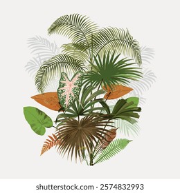 Tropical plant illustration with lush green leaves, ferns, and palm fronds. Vibrant tropical foliage, tropical vibes, and exotic plant life. Vintage art drawing illustration, old painting vector.