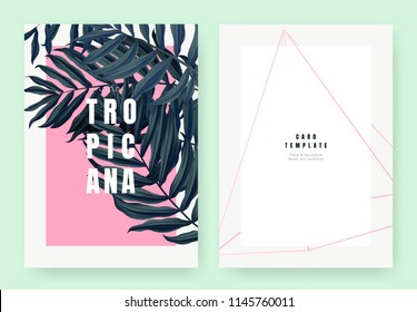 Tropical plant invitation card template design, dark green Dypsis lutescens or yellow palm on pink background, pastel vintage style