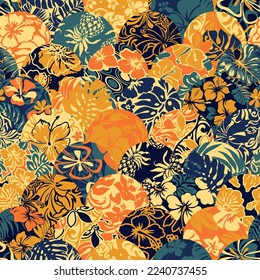 Tropical plant leaves and flowers Hawaiian style vector seamless patchwork pattern