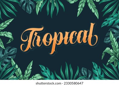 Tropical plant leaves flyer colorful for invitation to go on tour of exotic summer jungle or resort vector illustration