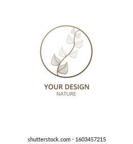 Tropical plant leaves logo template. Abstract Round emblem flower in linear style. Ecology concept. Flat vector badge illustration for design of flower shop, spa, cosmetics, health, natural products, 