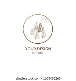 Tropical plant leaves logo template. Abstract Round emblem flower in linear style. Ecology concept. Flat vector badge illustration for design of flower shop, spa, cosmetics, health, natural products, 