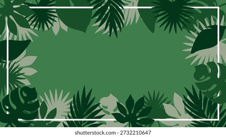 Hojas de plantas tropicales sobre fondo sólido. Paleta de color verde. Plantilla de marco botánico con espacio de copia.