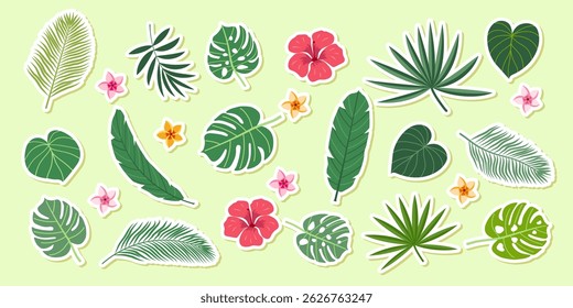 Tropical plant leaves stickers llustration set. Modern botanical illustration of monstera, palm leaf, banana leaf hibiscus. Vector leaves with playful vibrant colors.