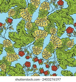 Tropical plant leaves vector pattern for textile design, fabric print, wallpaper, digital paper. Palm tree leaf background, jungle vintage style, hand drawn illustration for cafe, spa hotel decoration