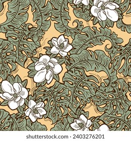 Hojas de plantas tropicales patrón vectorial para el diseño textil, impresión de tela, papel tapiz, papel digital. Fondo de hojas de palmera, estilo vintage jungla, ilustración a mano para café, decoración de hotel spa