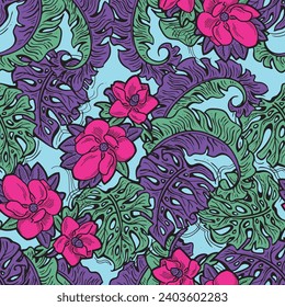 Tropical plant leaves vector pattern for textile design, fabric print, wallpaper, digital paper. Palm tree leaf background, jungle vintage style, hand drawn illustration for cafe, spa hotel decoration