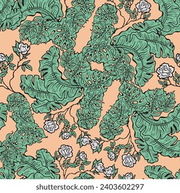 Tropical plant leaves vector pattern for textile design, fabric print, wallpaper, digital paper. Palm tree leaf background, jungle vintage style, hand drawn illustration for cafe, spa hotel decoration