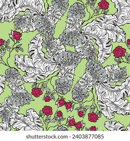 Hojas de plantas tropicales patrón vectorial para el diseño textil, impresión de tela, papel tapiz, papel digital. Fondo de hojas de palmera, estilo vintage jungla, ilustración a mano para café, decoración de hotel spa