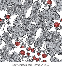 Hojas de plantas tropicales patrón vectorial para el diseño textil, impresión de tela, papel tapiz, papel digital. Fondo de hojas de palmera, estilo vintage jungla, ilustración a mano para café, decoración de hotel spa